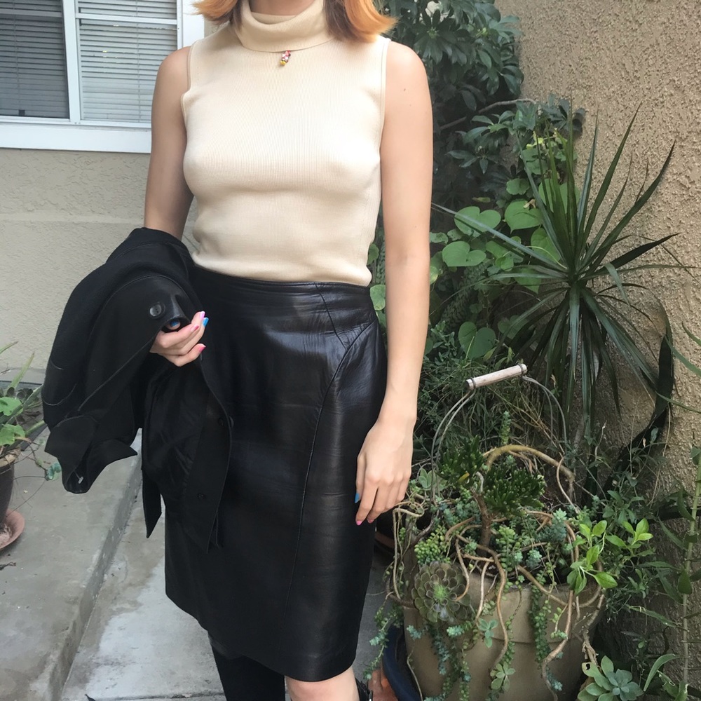 Vintage Positano black genuine leather midi skirt